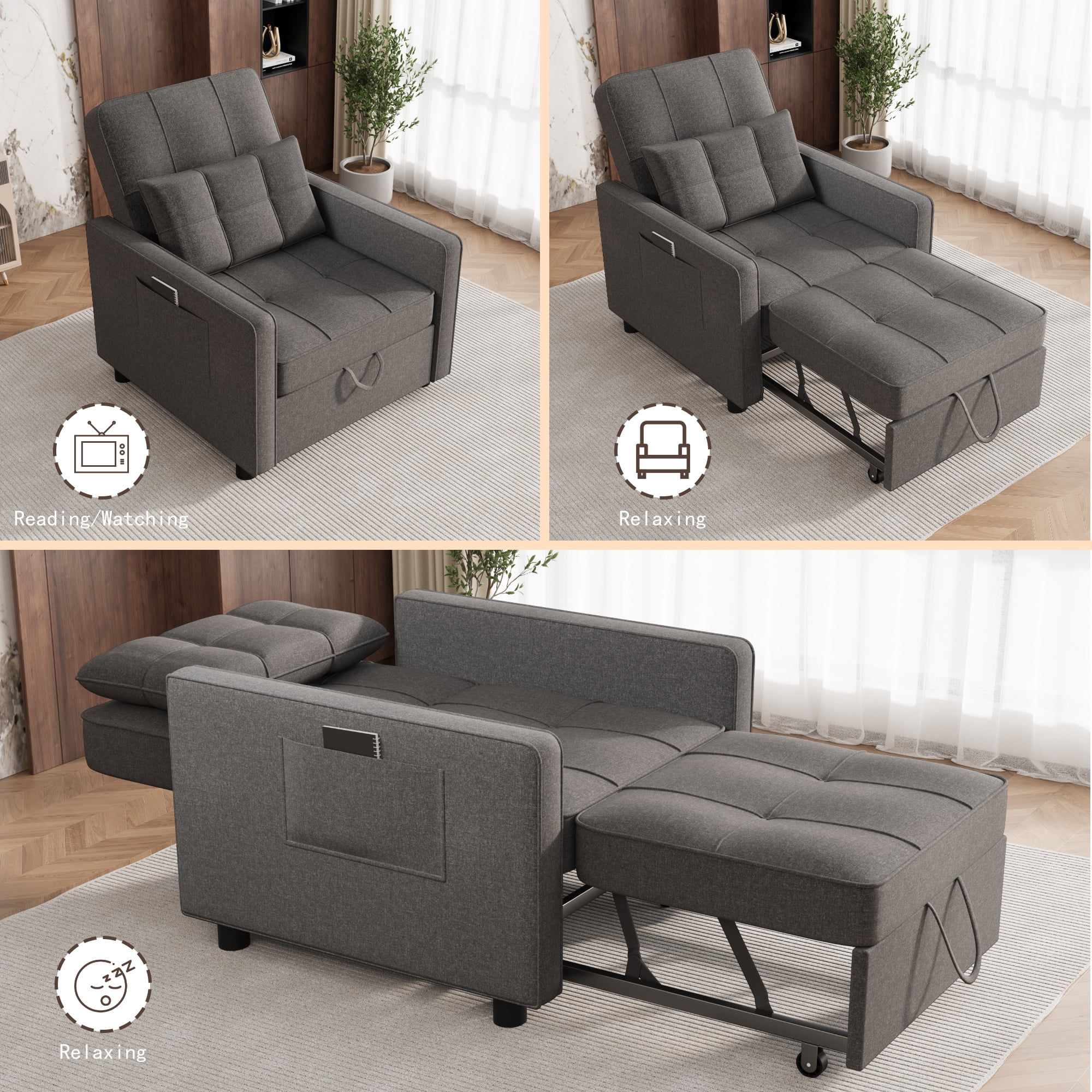 Homall Sleeper Sofa Chair Bed 3 in 1 Convertible Bed Chair Adjustable Sleeper Chair Pullout Sofa Bed,Black