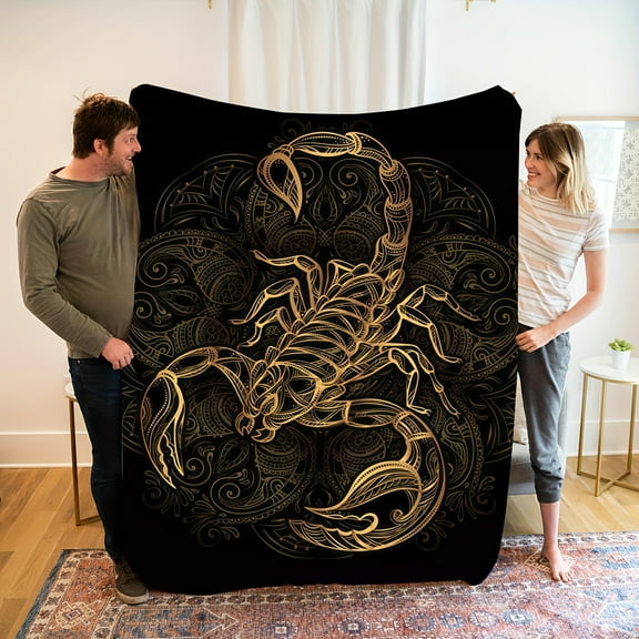 1pc Comfortable Modern Retro Lines Domineering Simple Scorpion Theme Pattern Print Flannel Blanket, Fashionable, Soft, Warm