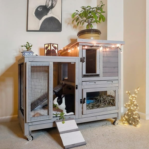 Aivituvin Wooden Bunny Hutch Indoor& Outdoor Rabbit Hutch Guinea Pig Cage for Small Animals with Trays (Grey)