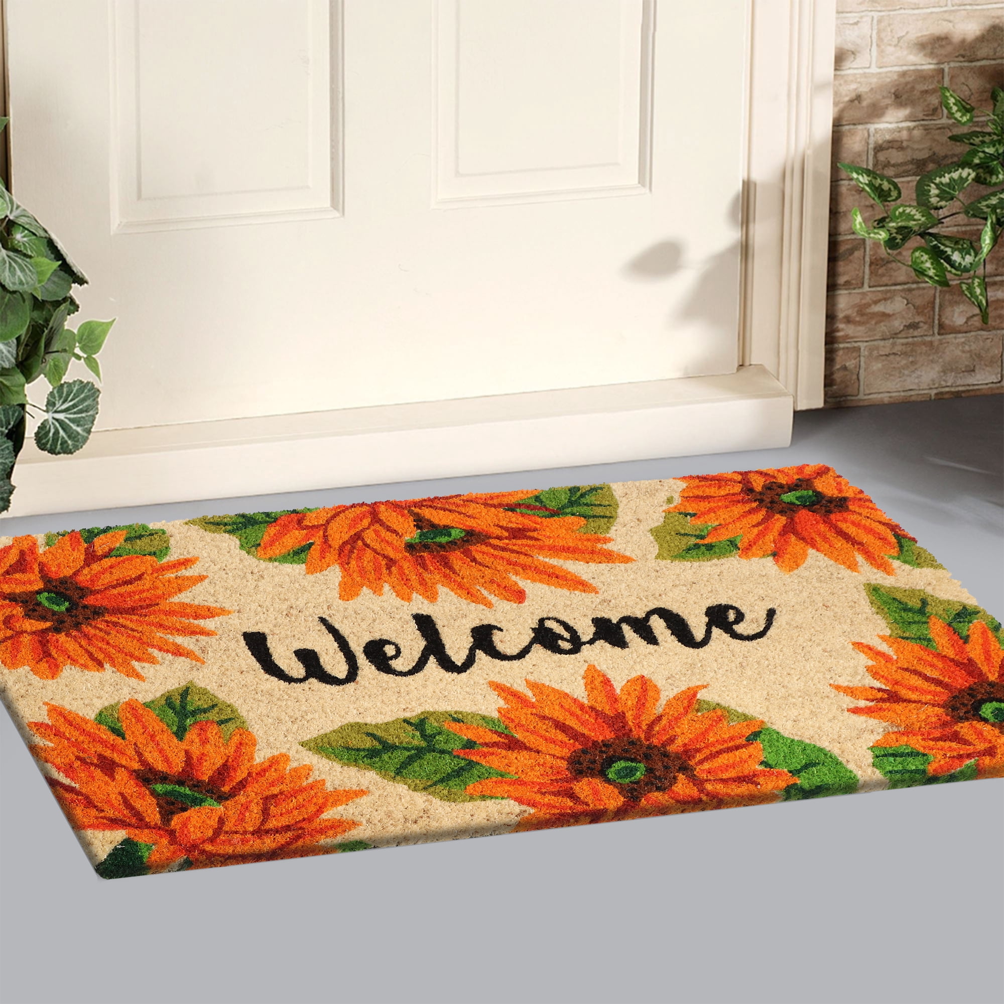 A1HC Natural Coco Coir Doormat, Orange Sunflower, 18"x30", Durable Outdoor Welcome Mat, Non-Slip, Easy to Clean, Pet Friendly