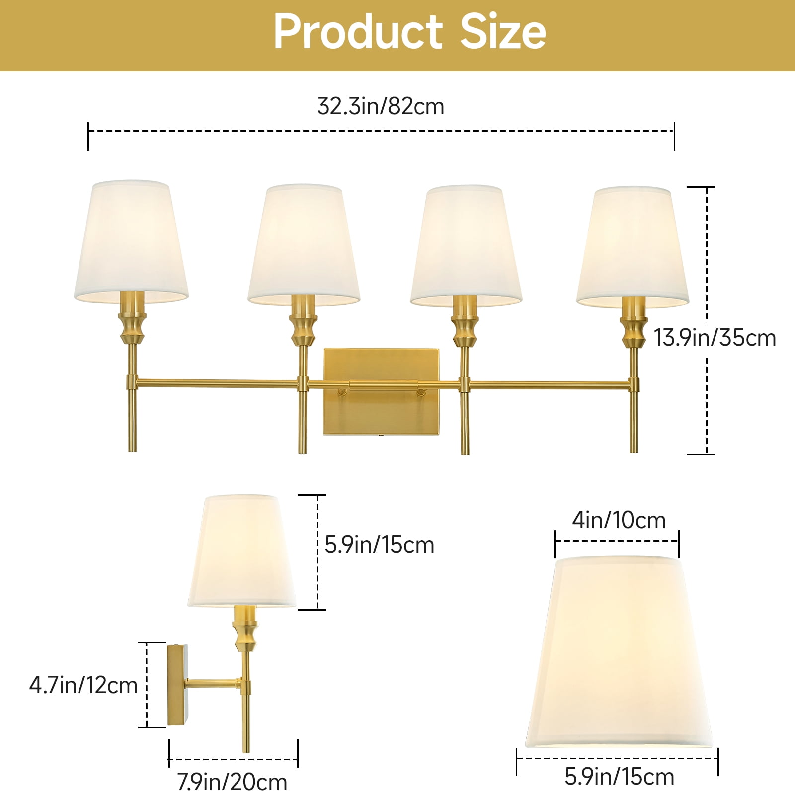 5-Light Vanity Lights for Bathroom,41 in Vintage Black Bathroom Vanity Light Fixtures,with Flared White Fabric Lampshade for Bedroom,Living Room,Foyer,Hardwired,E12 Base