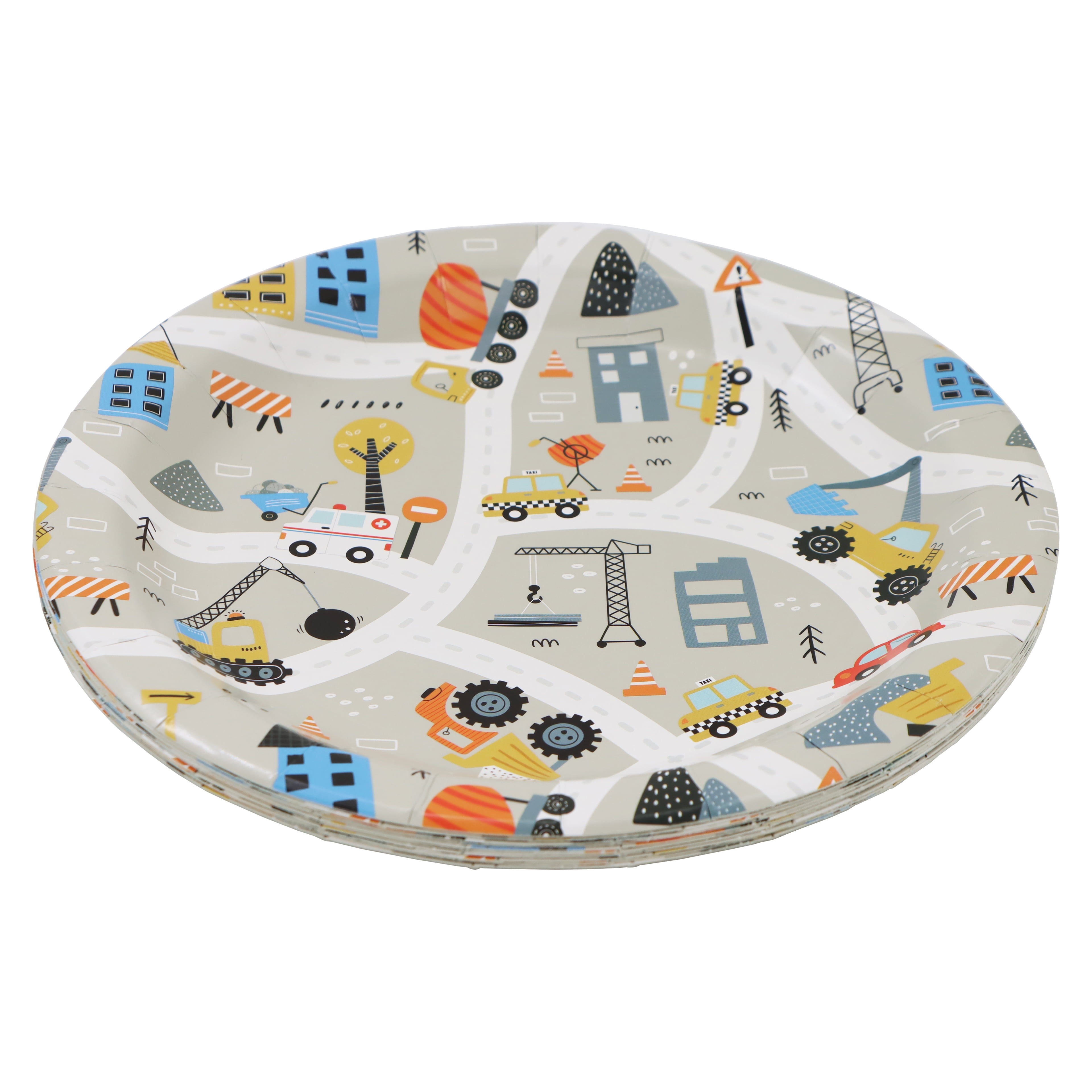 Celebrate It Paper Plates - Construction City Scene Disposable Dinner Plates, Multicolor, 9", 12 Packs (120 Total)