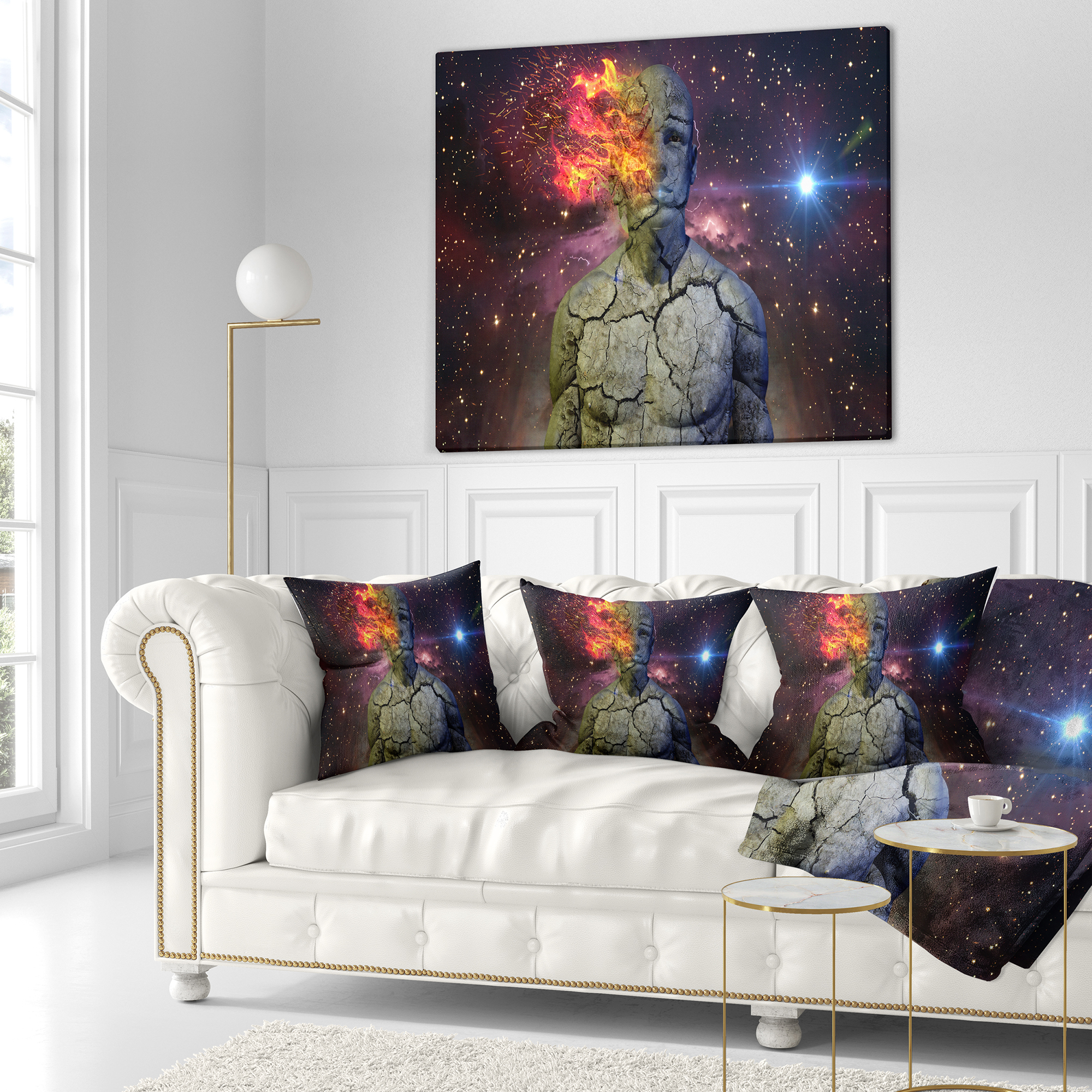 Designart Broken Human Body with Fire - Contemporary Throw Pillow - 18x18