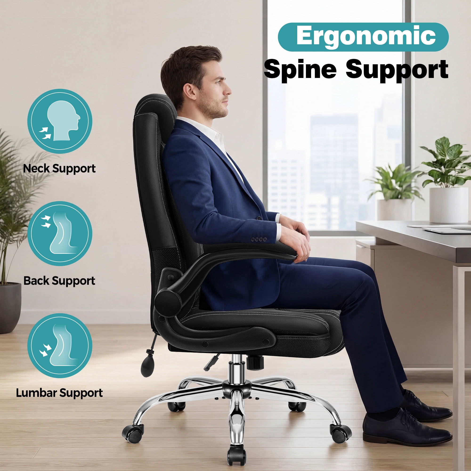 ATHOPE Leather Office Chair, Executive Desk Chairs with Flip-up Padded Armrests, Big and Tall Office Chair with Wheels, Ergonomic Computer Chair with Lumbar Support for Home Office, Black