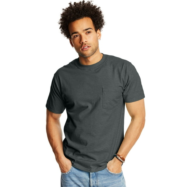Hanes Adult Beefy-T Pocket T-Shirt 2-Pack, L, Charcoal Heather