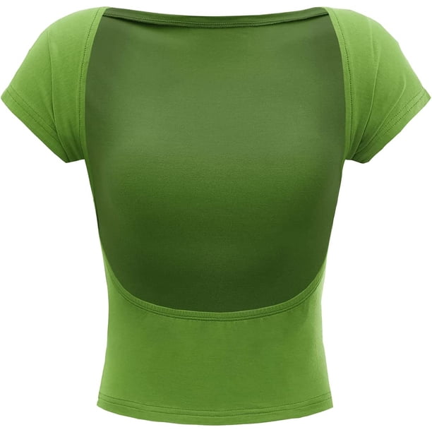 playera corta de manga casquillo sin espalda para mujer, cuello barco, corte ajustado Verde XL Verde XL Xishao ropa