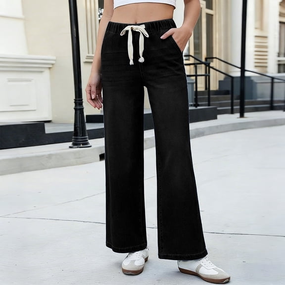 Womens Pants Straight Leg Jeans High Waist Comfortable Casual with Drawstring Ties Elastic Waistband Relaxed Fit Womens Slacks for Work