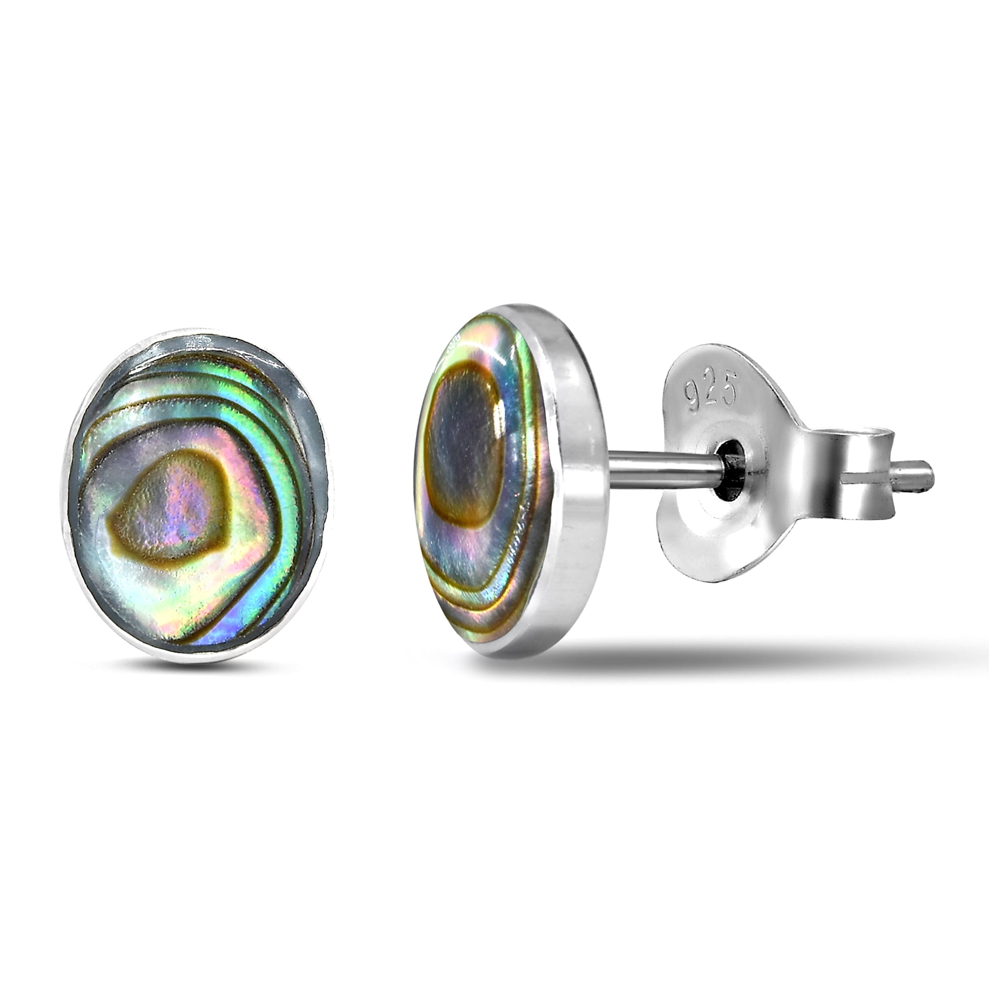 Cute Inlay Abalone Shell Oval .925 Sterling Silver Push Back Stud Earrings