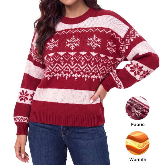 Asklazy Women’s Relaxed Fit Soft Knit Fabric Sweater Long Sleeve Pullover Crew Neck Casual Winter Top,US Size,Red Snowflakes,L