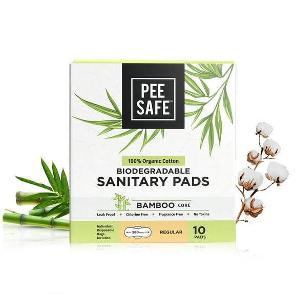 Pee Safe Organic Cotton Feminine Sanitary Pads, Regular Absorbency, Bamboo Sanitary Pads- Pack of 10