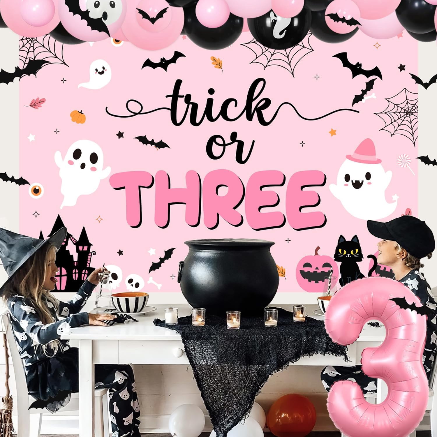 84Pcs Trick or Three Theme Halloween 3rd Birthday Party Decoration Pink Black Balloon Garland Arch Kit Number 3 Foil Balloon 3D Bat Wall Stickers for Girls Halloween Three Birthday Party Decor Favors
