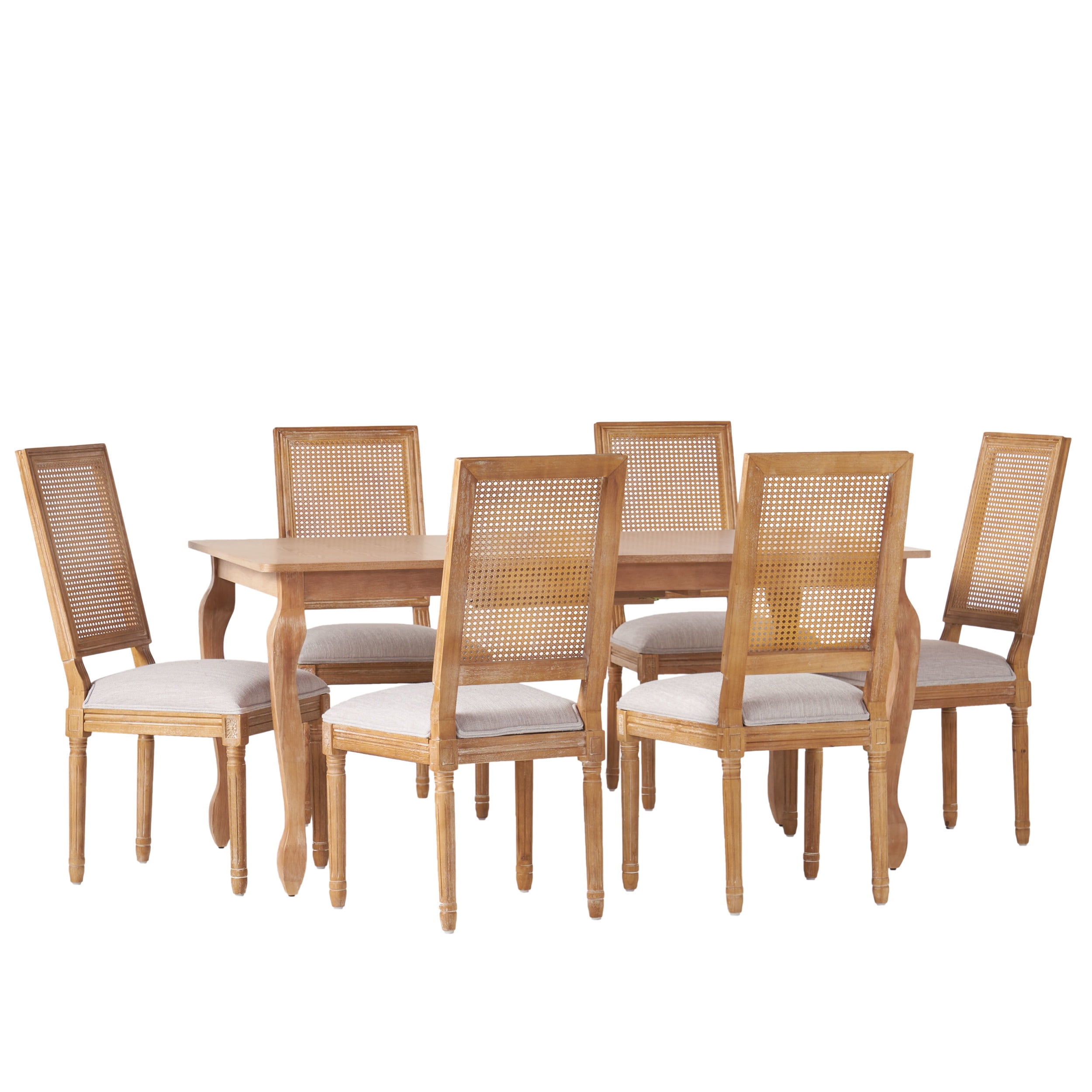 Noble House Fescue Fabric Upholstered Wood and Cane Expandable 7 Piece Dining Set, Natural Brown and Light Gray
