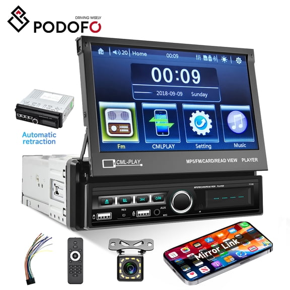 Podofo Single Din 7" Automatic Motorized Flip Out Screen Car Stereo Radio with Mirror Link Backup Camera