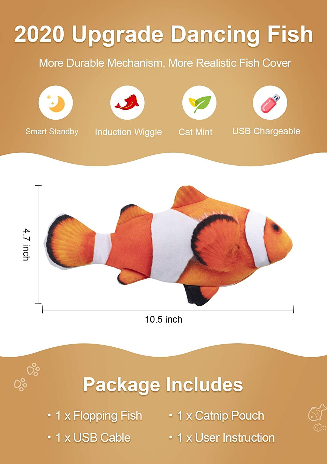 Petgravity Electric Moving Dog Fish Toy Realistic Flopping Fish Oxford  Cloth Interactive Dog Toys Pet Toys for Small Dogs Clownfish 