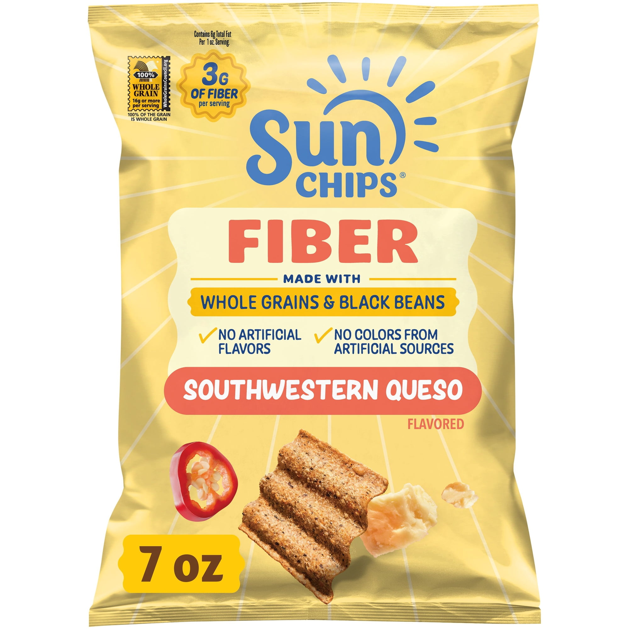SunChips 100% Whole Grain Black Bean Southwestern Queso Snack Chips Bag, 7 oz
