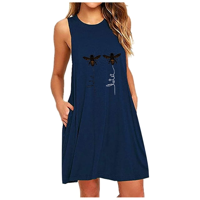 fartey Chemises de Nuit pour Femmes Grande Taille Sans Manches Robe de Maison Dames Robe Débardeur à Imprimé Tendance Fluide Col Rond Mini Nuisette avec Poches, P-6TG
