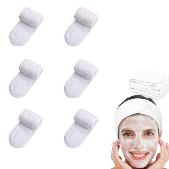 6 Pack Facial Spa Headband TRIANU Head Wrap Terry Cloth Headband for Washing Face Makeup Adjustable Stretch Towel with Magic Tape, White