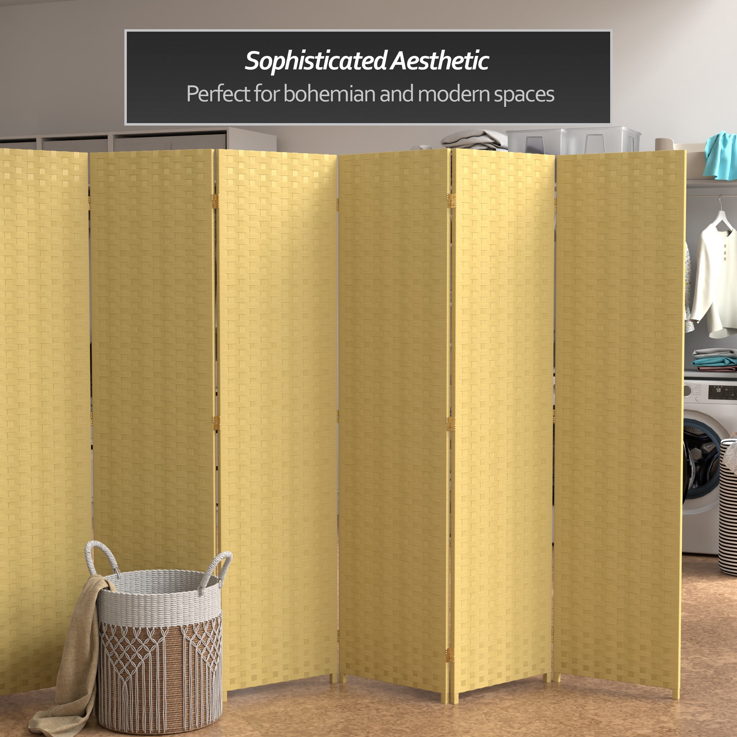 Oriental Furniture 6 ft. Tall Woven Fiber Room Divider - 6 Panel - Dark Beige