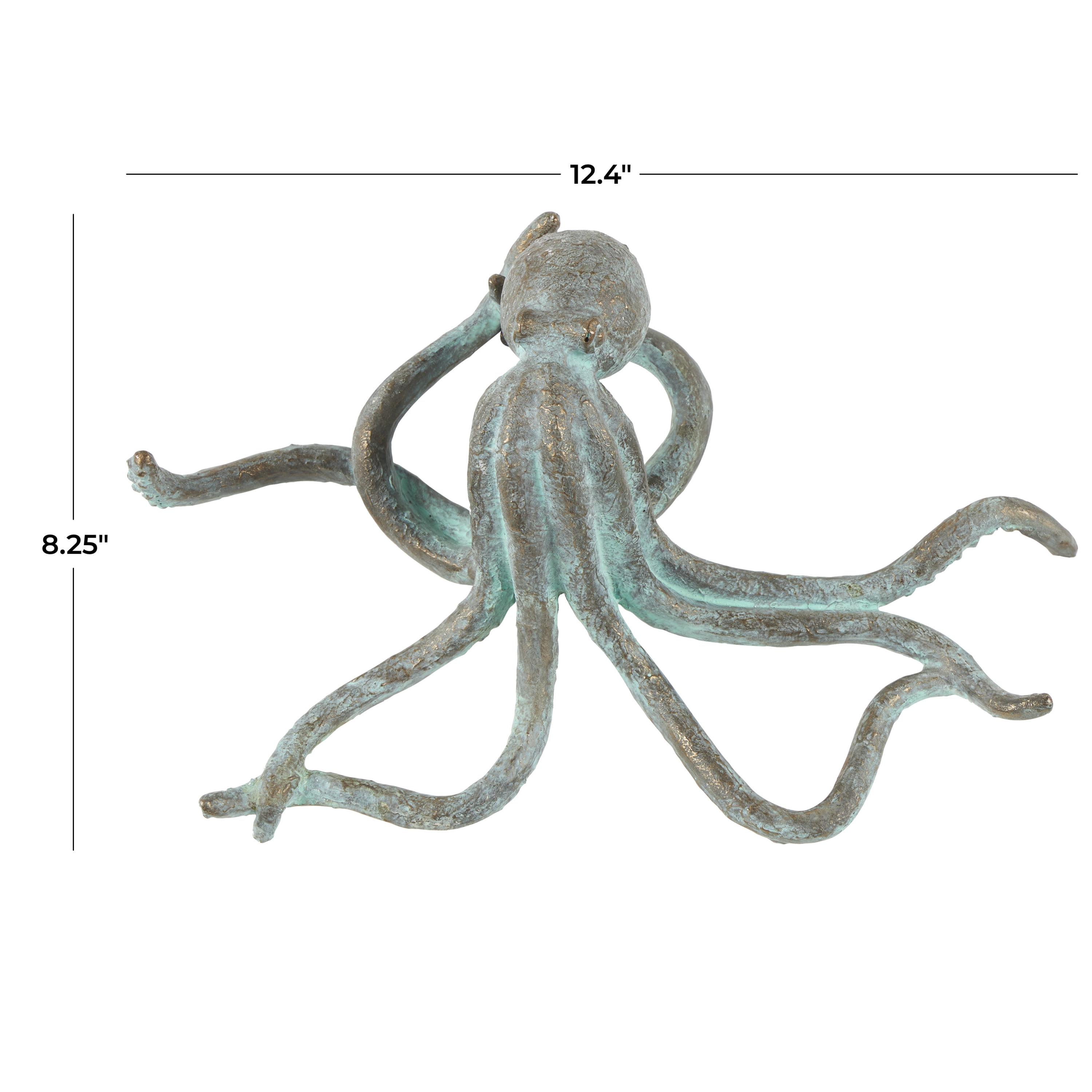 12" x 4" Blue Polystone Distressed Patina Octopus Sculpture with Gold Foil Accents, by DecMode