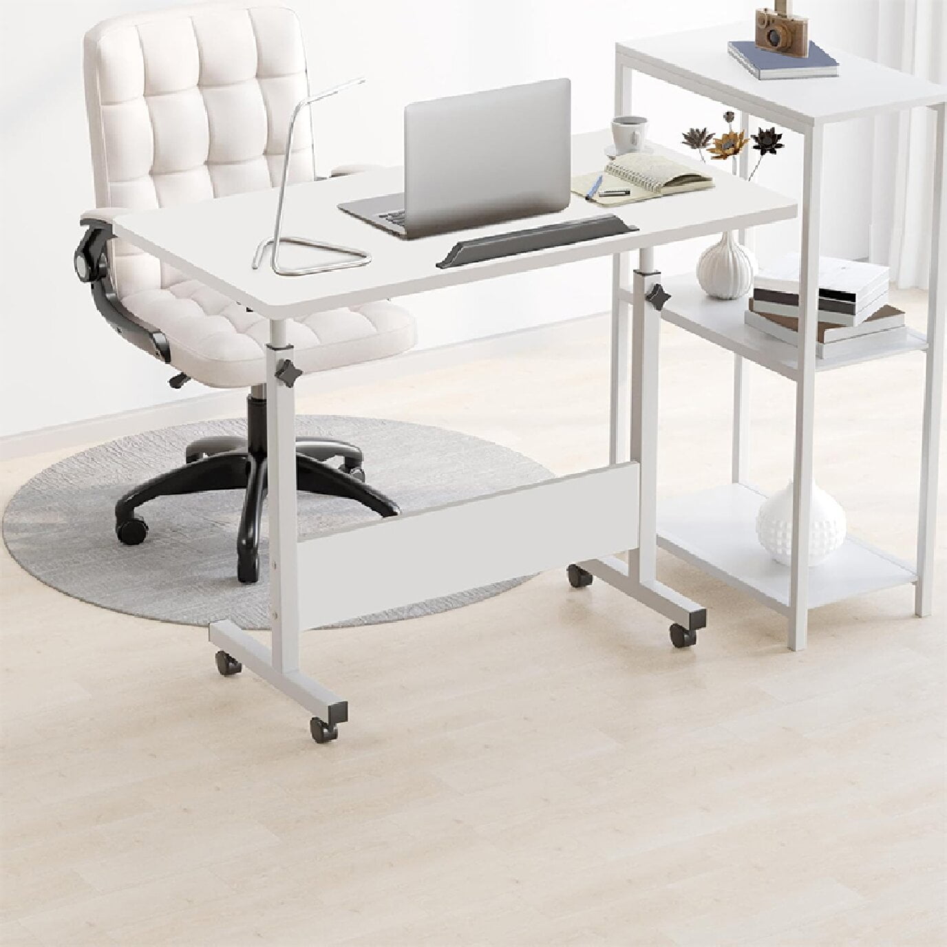 Small Rolling Computer Cart,Adjustable Height Home Office Desk，Portable Laptop Desk for Adults,Natural