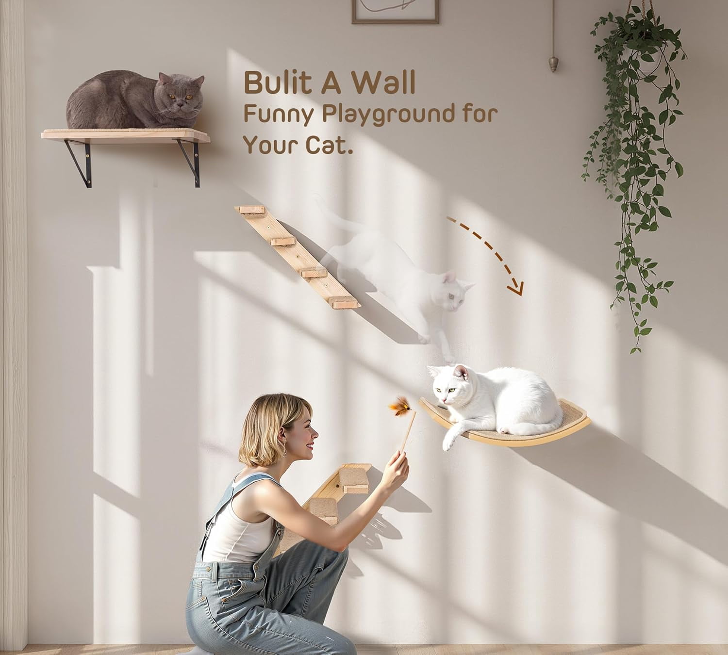 Peluomoz Curved Wood Cat Wall Perch – Wall-Mounted Floating Indoor Platform with Sisal Mat (Sleeper & Climb Shelf)