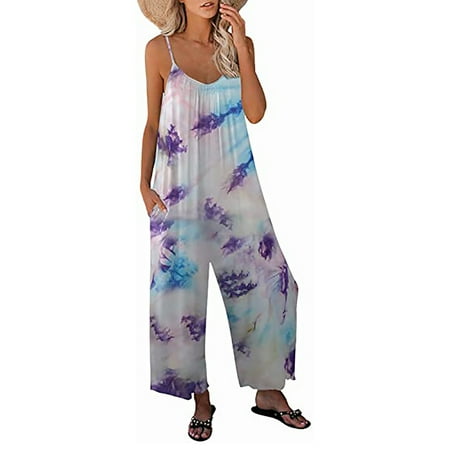 

Wide Leg Tie Dye Jumpsuit for Women Trendy Spaghetti Strap Crewneck Ethnic Rompers Plus Size Sleeveless Beach Overalls