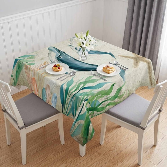 Whale Coastal Table Cloth Waterproof Tablecloths, Vintage Nautical Ocean Starfish Compass Tablecloth Dining Table Cover for Kitchen Party Tabletop Outdoor, Square Tablecloth 54x54 Inch