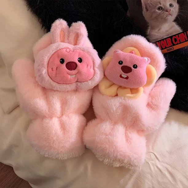 Guantes de peluche bonitos y cálidos con bucles, gruesos, resistentes al viento, con dibujos animados, portátiles, diseño creativo, regalo para el mejor amigo en vacaciones
