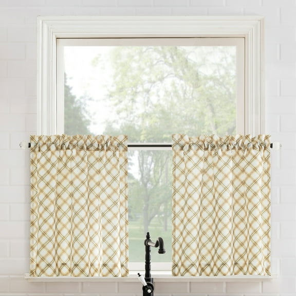 No. 918 Stone Bridge 2-Piece Plaid Semi-Sheer Rod Pocket Kitchen Curtains, 54"x24"