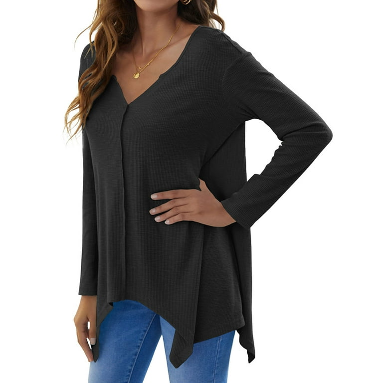 ZXSXSY Women Solid Color V Neck Long Sleeve High-Low Hem Top ZXSXSY Women Solid Color V Neck Long Sleeve High-Low Hem Top