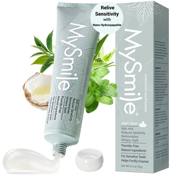 MySmile 10% Nano-Hydroxyapatite Toothpaste for Sensitive Teeth, Fluoride-Free Teeth Whitening Toothpaste, SLS Free, Repair Enamel & Remineralizer, Fresh Breath for Adults Natural Misty Mint, 4.2oz