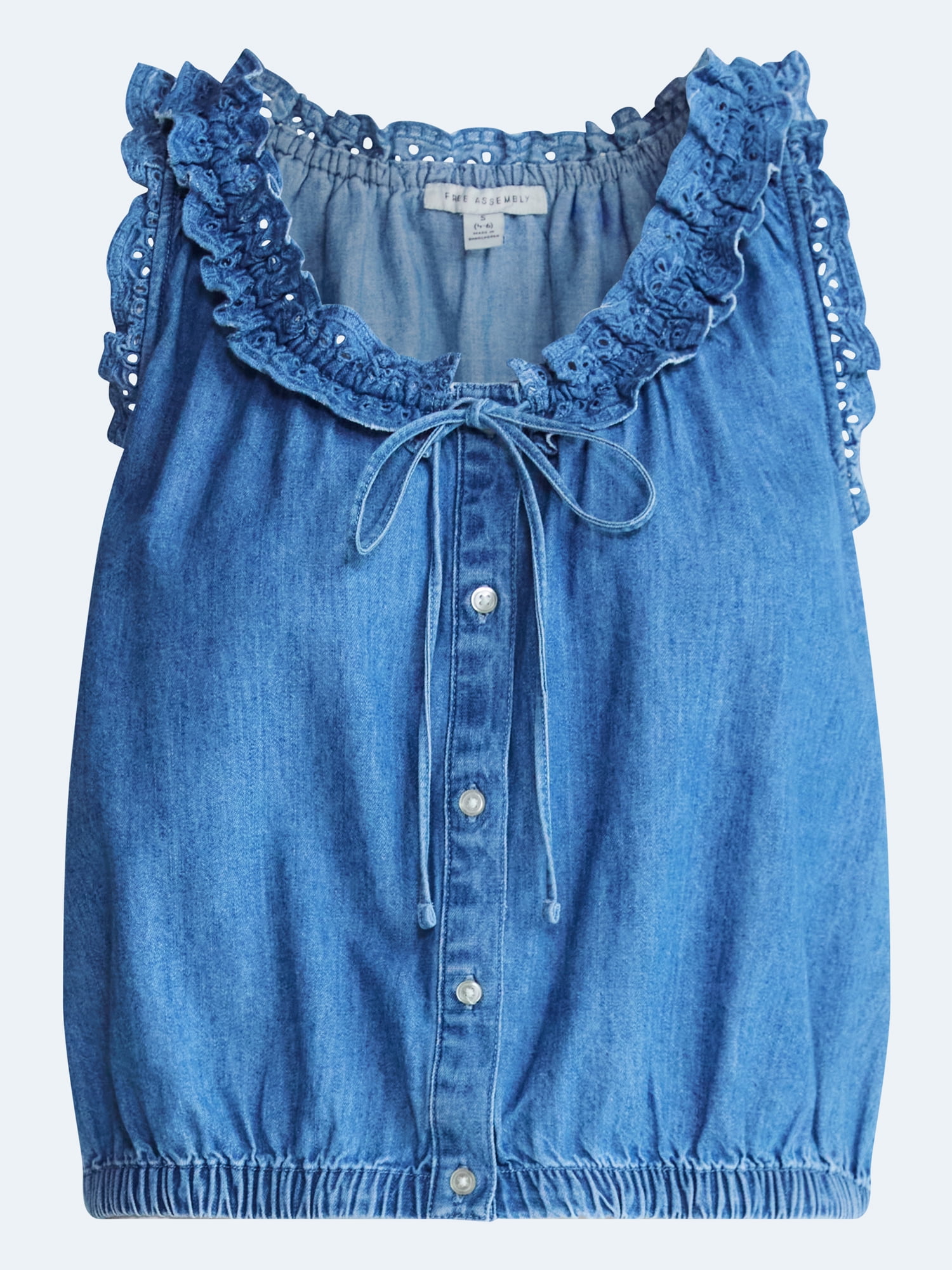 Free Assembly Eyelet Ruffle Sleeveless Chambray Top, Sizes XS-XL