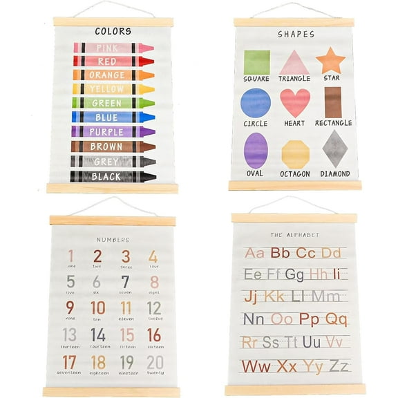 4pcs Alphabet Numbers Geometry Wall Hanging Poster Decor, ABC 123 Shape Color Educational Poster Hanger Frame Set, Learning Wall Art for Kids Room Nursery Classroom Home School Playroom(17×12in)