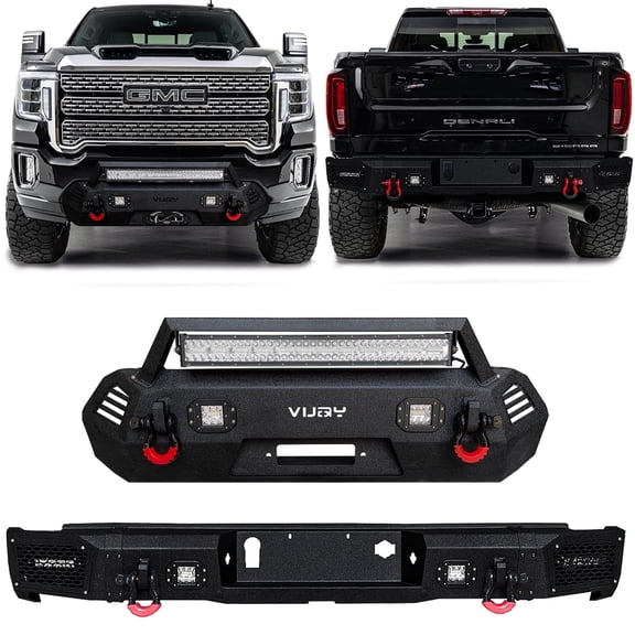 Vijay Compatible with 2020-2021-2022-2023 Sierra 2500HD/3500HD Front and Rear Bumper Textured Black Steel with Lights and D-rings