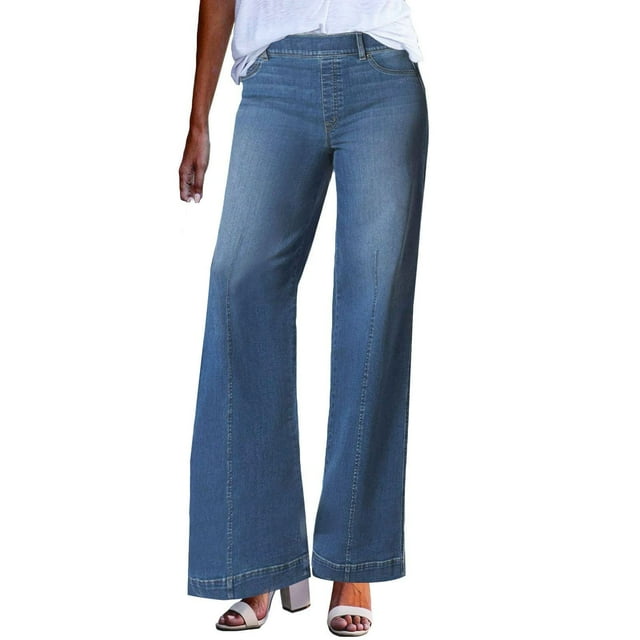Gibobby Jeans dama talla extra Pantalón Vaquero De Mujer Talle Con Cintura Elástica Y Efecto Pierna Ancha(Azul,CH)