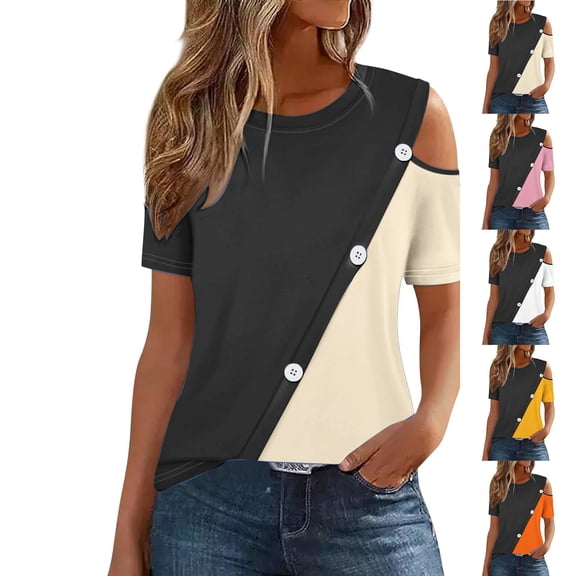 Inverlee Womens Button Up Shirts Casual Cold Shoulder Short Sleeve Tops Dressy Casual Plus Size Solid Color T Shirts Flowy Work Tunic Blouse Summer Fashion