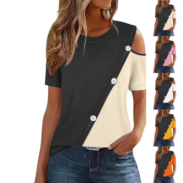 SYVGVA Womens Summer Short Blouse,Womens Plus Size Top,Womens Summer Casual And Comfortable Patchwork Color Cold Shoulder Button Splicing Short-Sleeved Round Neck T-Shirt,Yellow,XL