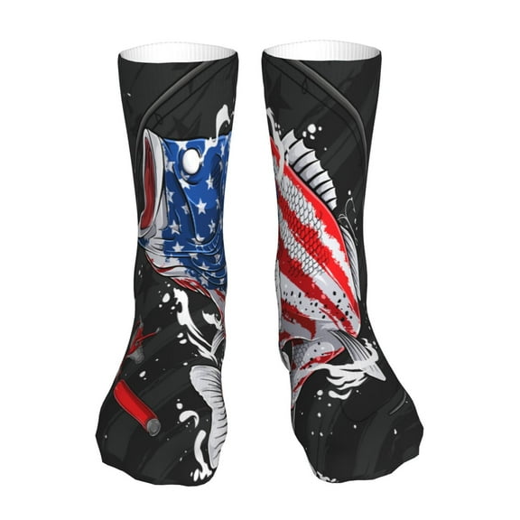 Xecao Largemouth Bass Fish in USA Print Fashion No Heel Casual Crew Socks Cushioned Breathable for Men Women - Moisture wicking,Not easy to fade Suitable for daily