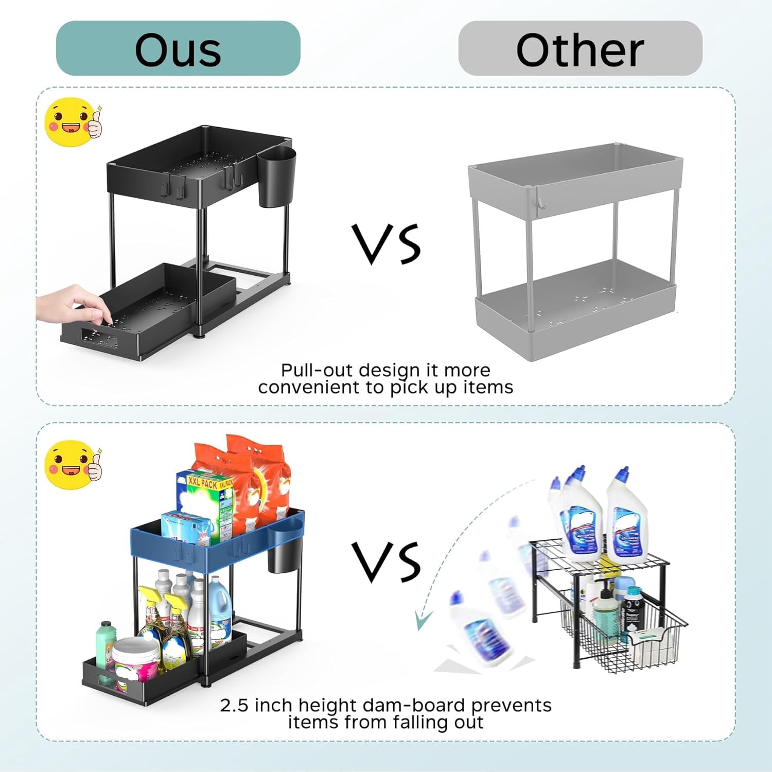 RGHJAR-2 Pack Under Sink Organizer with Pull-Out Drawer, 2-Tier Cabinet Storage for Kitchen & Bathroom, Tool-Free Assembly, Fits Cleaning Supplies & Toiletries, Space Saving for Small Cabinets, Black