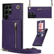 Dteck Flip Leather Wallet Case for Samsung Galaxy S24 Ultra, Crossbody Wallet Case with Credit Card Holder Zipper Pocket Lanyard Shoulder Strap, Kickstand Phone Cover for Samsung S24 Ultra,Purple