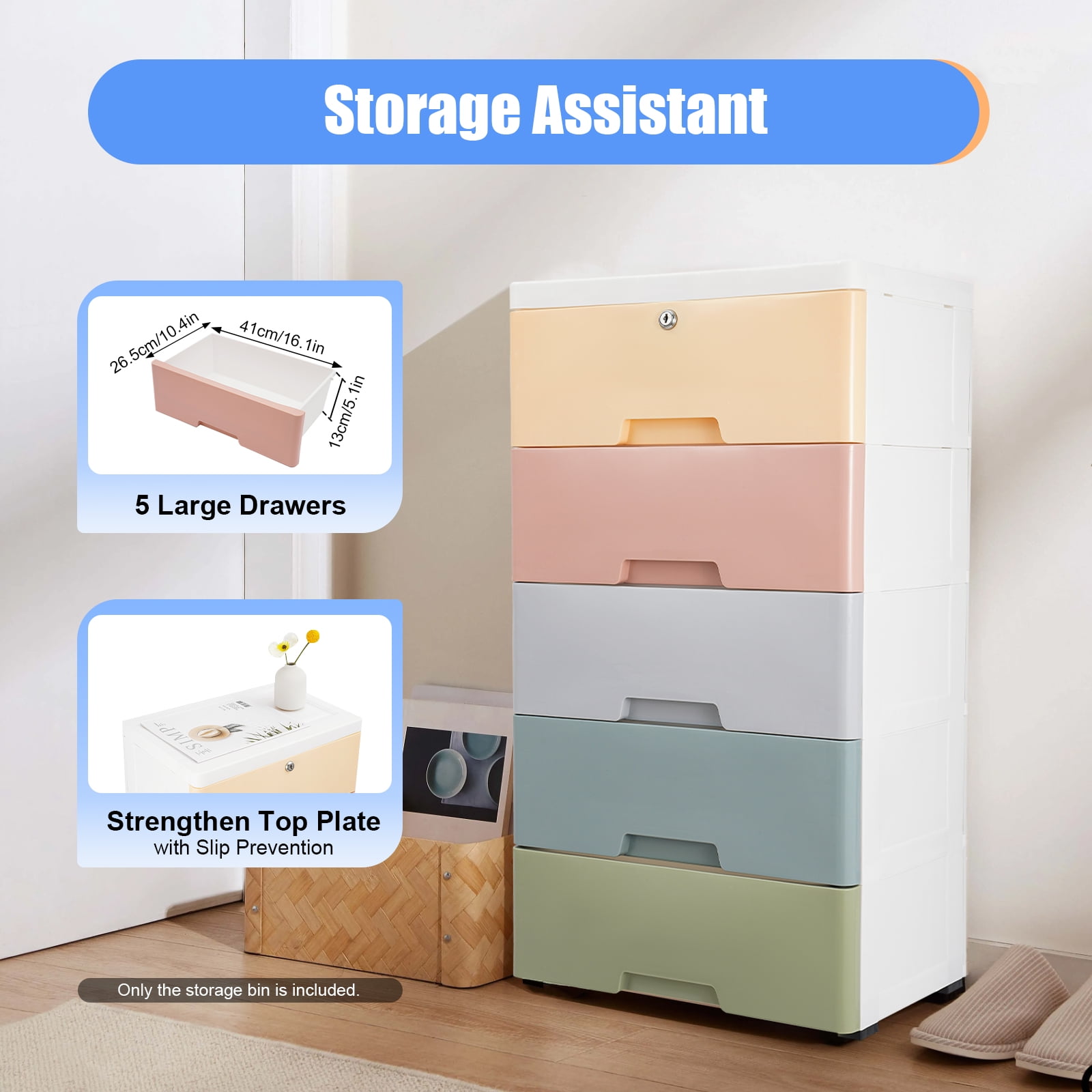 5 Tier Plastic Drawers Dresser Storage Tower w/5 Drawers, Stackable Storage Organizer Cabinet w/Wheels Storage Bin,Mobile Storage Closet Large Containers Organizer Unit