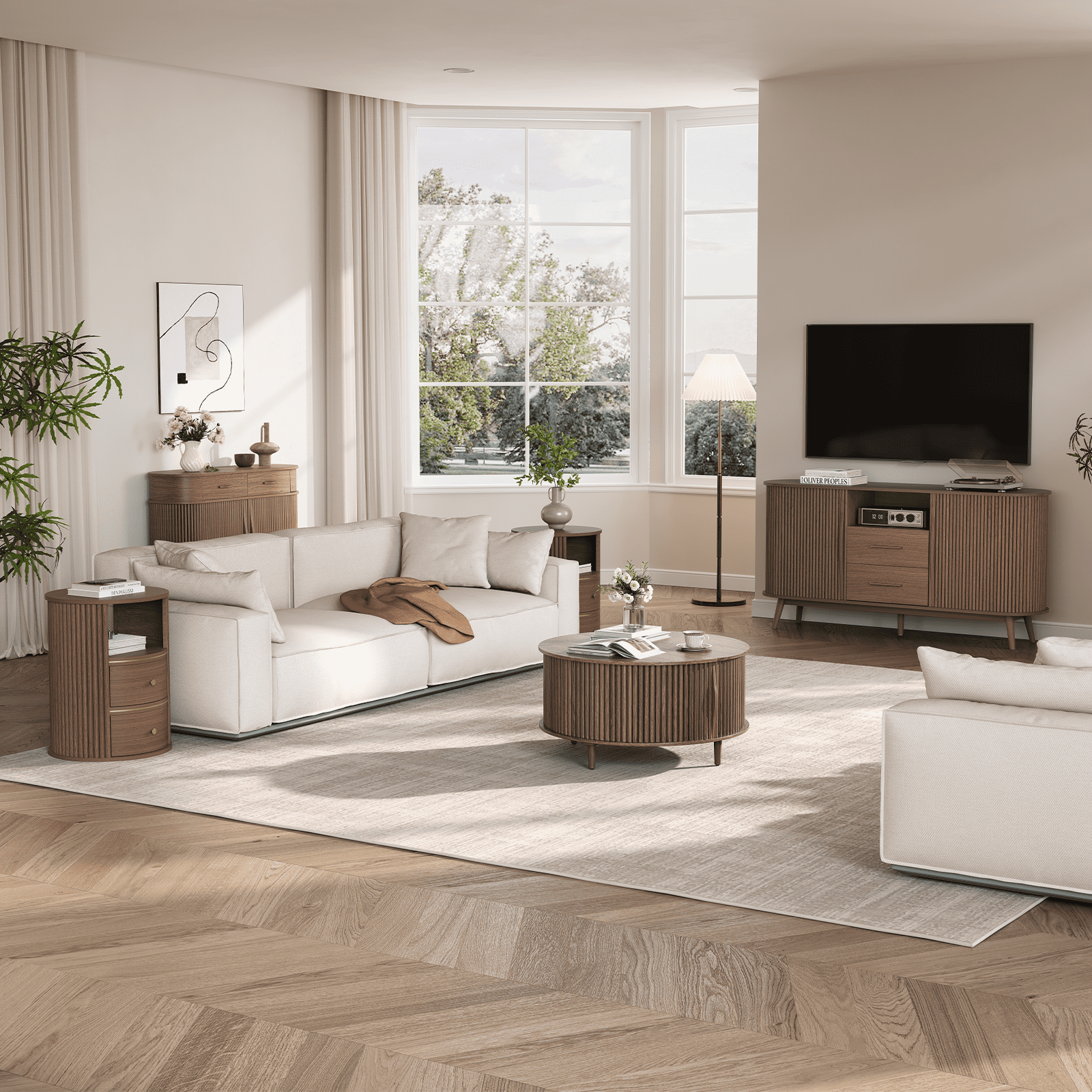 JOINICE Round Coffee Table with Storage and Sliding Door,Mid Century Modern Wooden Center Table,for Living Room,Walnut