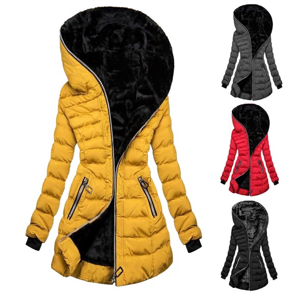 Joernso Winter Coat Solid Color Zipper Closure Slim Waist Hooded Quilted Women Overcoat for Outdoor