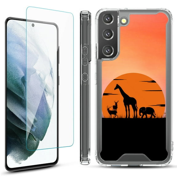Shockproof Bumper Phone Case for Samsung Galaxy S22  / S22 Plus 5G, with Tempered Glass Screen Protector, by OneToughShield ® - Sunset Safari