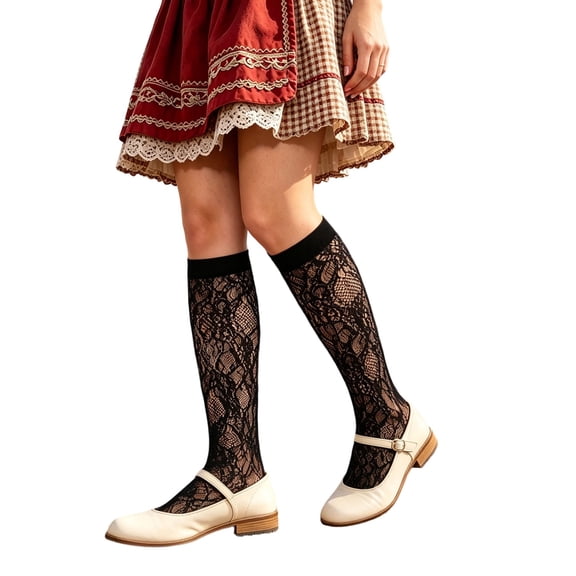 Yuanlong Womens Knee-High Socks Solid Lace Stockings Elegant Sheer Breathable Parties Daily Wear Hosiery