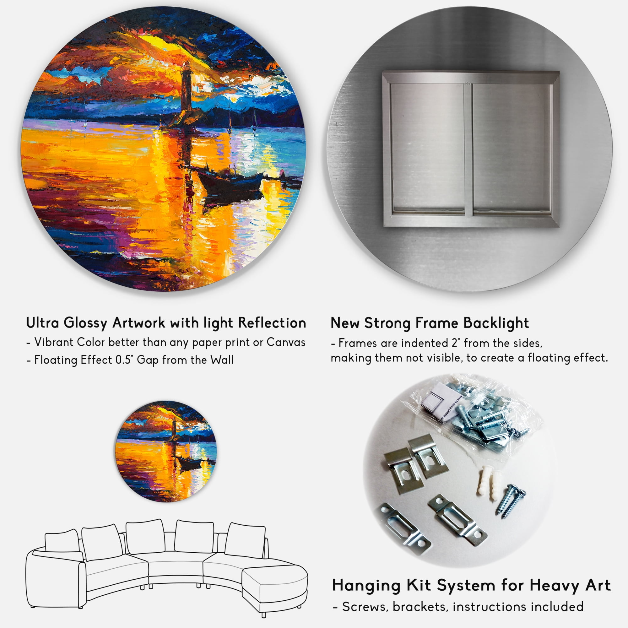 Designart 'Little Boat By Lighthouse During Evening Glow' Nautical & Coastal Circle Metal Wall Art 29x29 - Disc of 29