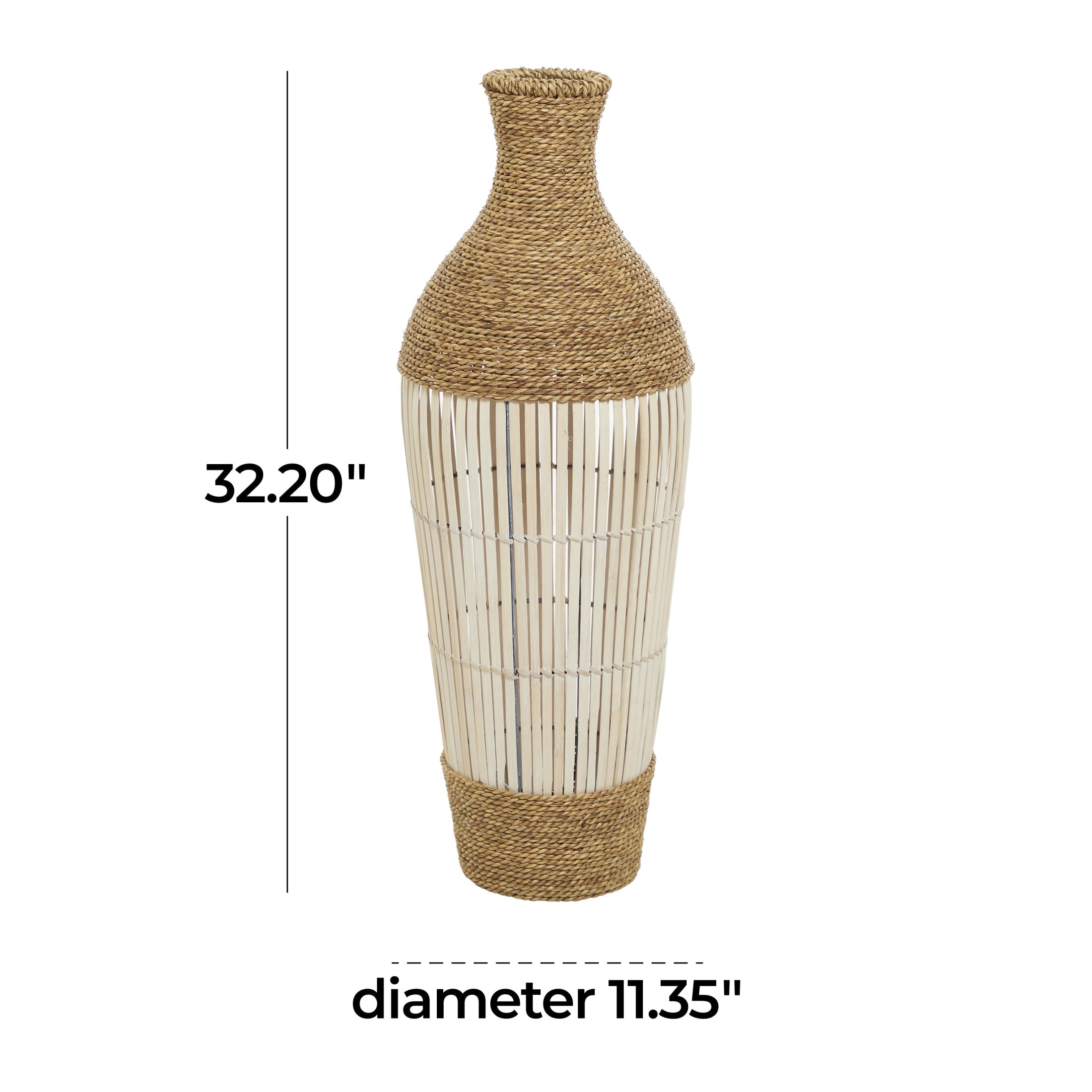DecMode Seagrass/Bamboo Bohemian Round Tapered Decorative Vase 11"W x 32"H, with Coiled Brown Woven Rope and White Bamboo Slats
