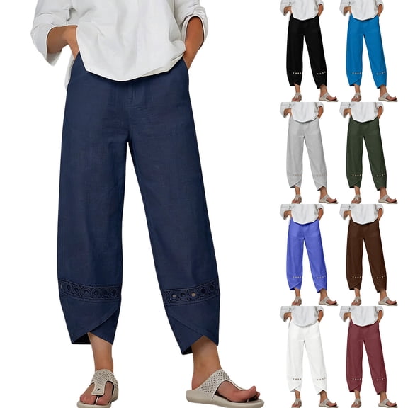 Mifsaly Cropped Linen Pants Women Patchwork Lace Elastic Waist Summer Capris with Pockets Eyelet Hem Details Loose Fit Casual Beach Vacation Lounge Wear Outfits Blue,XXXL