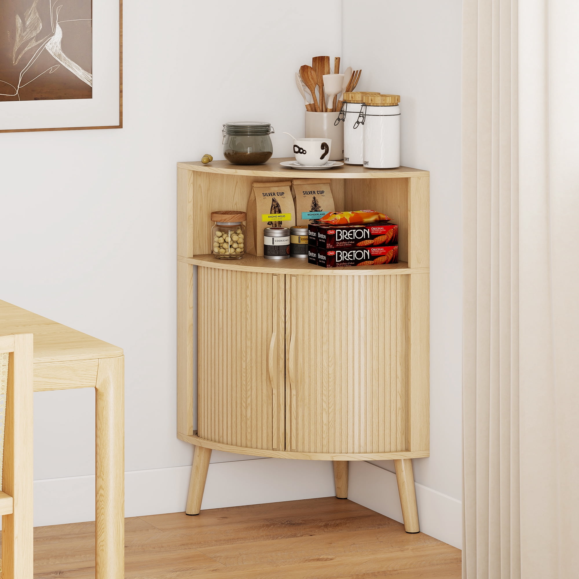 Fluted Bathroom Corner Storage Cabinet, Small Corner Floor Cabinet with Doors and Shelves, Freestanding Narrow Cabinets Organizer for Bathroom, Living Room, Kitchen, Natural