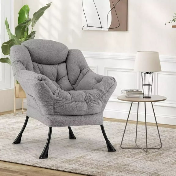 Auranook Large Lazy Chair, Sherpa Upholsteredย Accent Chairย with Cozy Head Pillow, Stylish Tufted Back & Seat, Armrests, Storage Pocket, Sofa Chair